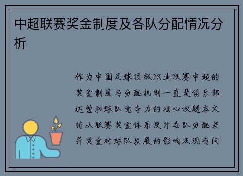 中超联赛奖金制度及各队分配情况分析